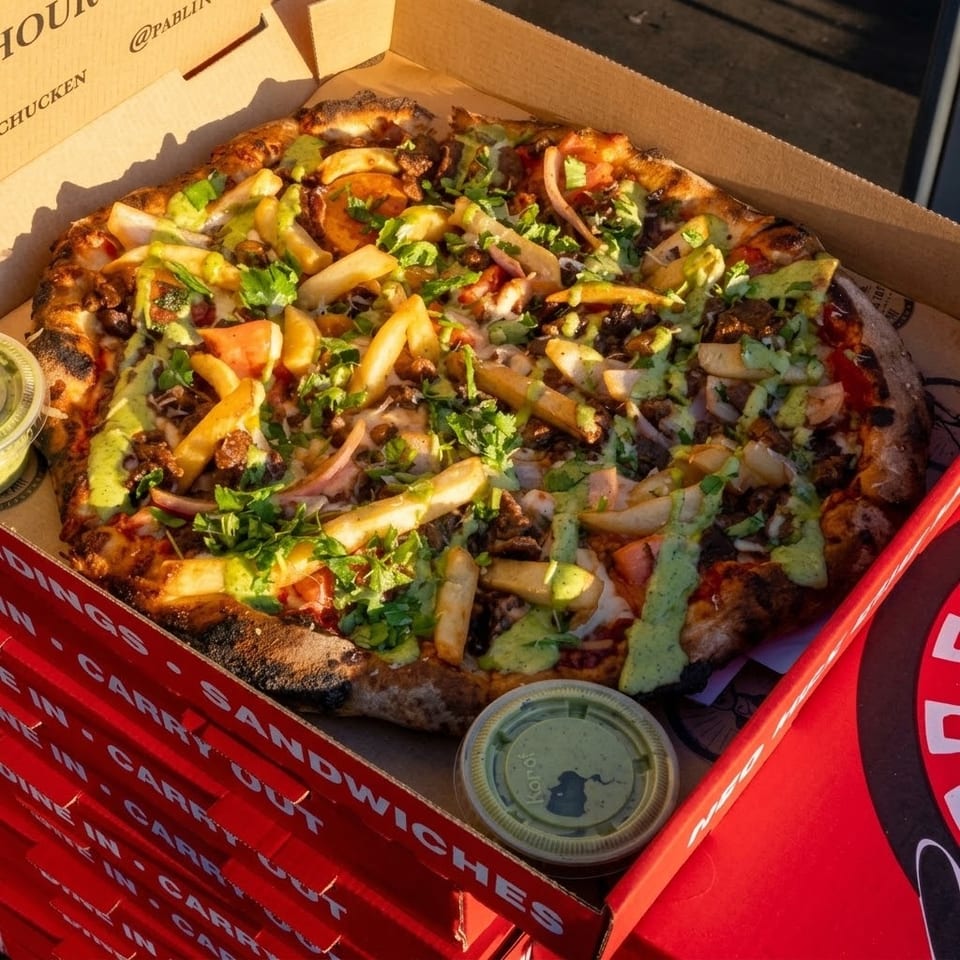Loaded pizza topped with fries, vegetables, herbs, and green sauce in an open cardboard box.