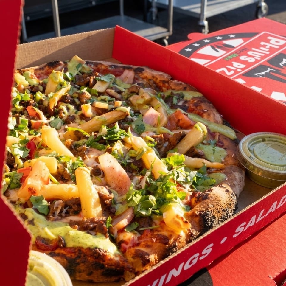 Loaded pizza topped with grilled vegetables, herbs, meat, melted cheese, and green sauce in a red takeaway box.