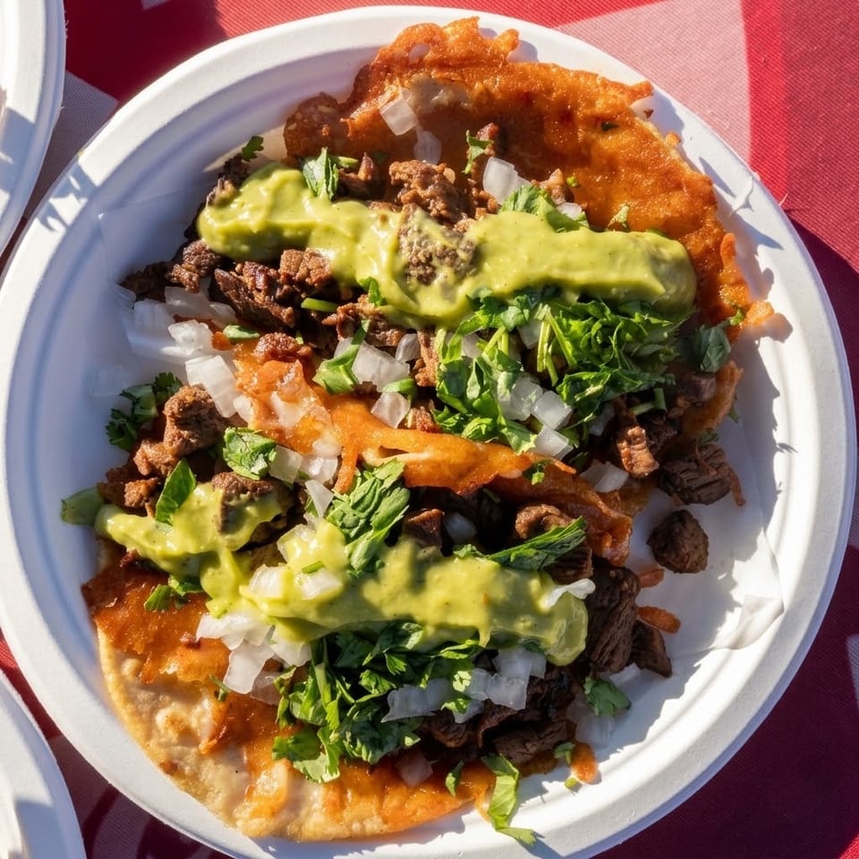 Crispy tacos topped with seasoned meat, avocado sauce, diced onions, and fresh cilantro on a white plate.