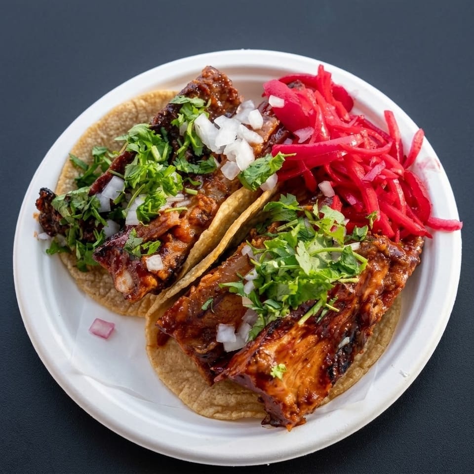 Two grilled meat tacos on corn tortillas, topped with cilantro and onion, served with bright pink pickled onions.