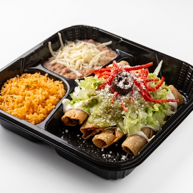 Red Birria Taquito Plate with Rice and Beans.