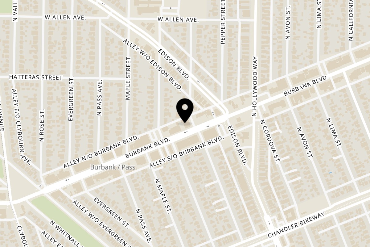 Map showing the location of Pablito's Tacos Burbank on 3803 W Burbank Blvd in Burbank